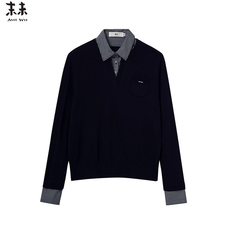 MIIWII末未25秋藏青色衬衫领拼色针织衫通勤长袖套头衫女X253214