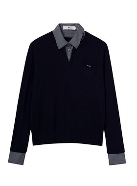 MIIWII末未25秋藏青色衬衫领拼色针织衫通勤长袖套头衫女X253214