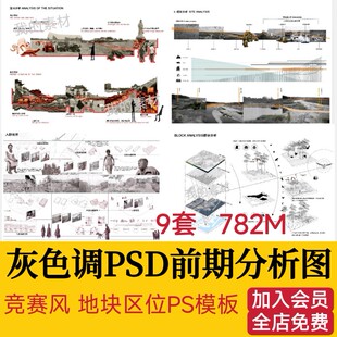 灰色调场地地块区位模板块 竞赛风现状景观前期分析图PSD分层素材