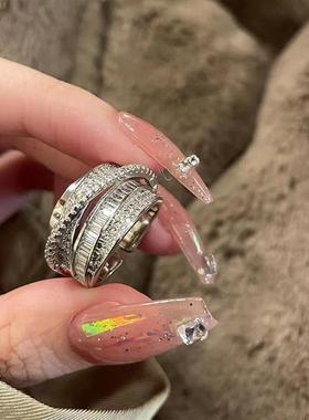 Silver Ring Female闪亮锆石戒指女时尚多层线条开口指环ins风