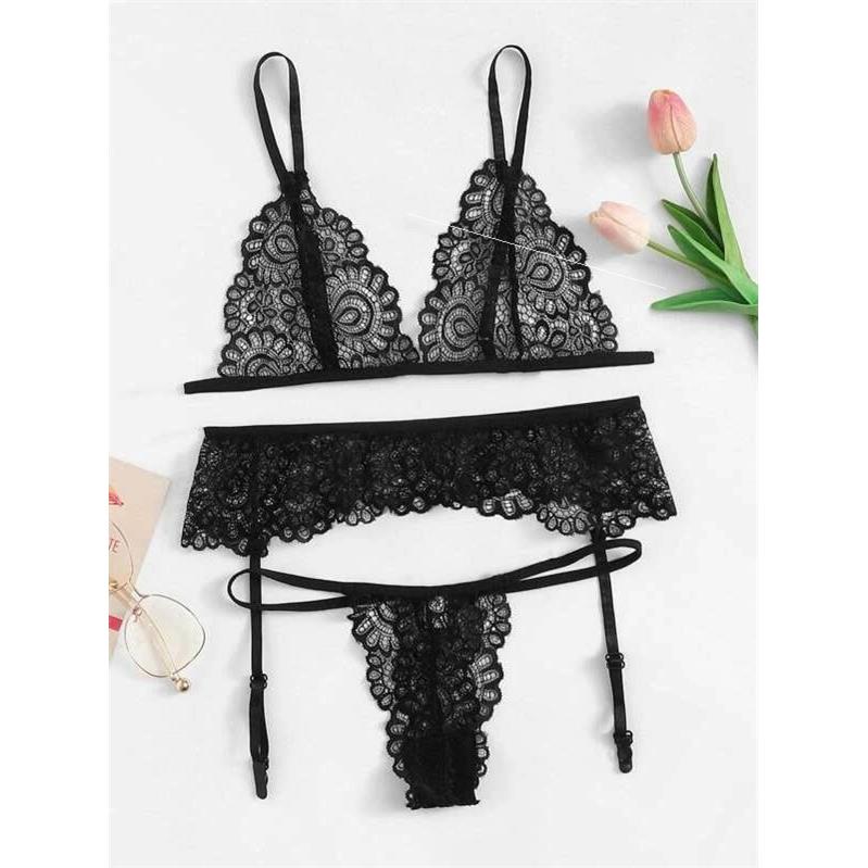 New lace cut-out bra panties garter bikini three-piece suit