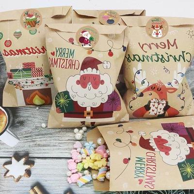 24Set Christmas Gift Bag Kraft Paper Bags Santa Claus Snowma
