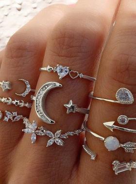 Silver Color Crystal Rings Set for Women, Cubic Zirconia Moo