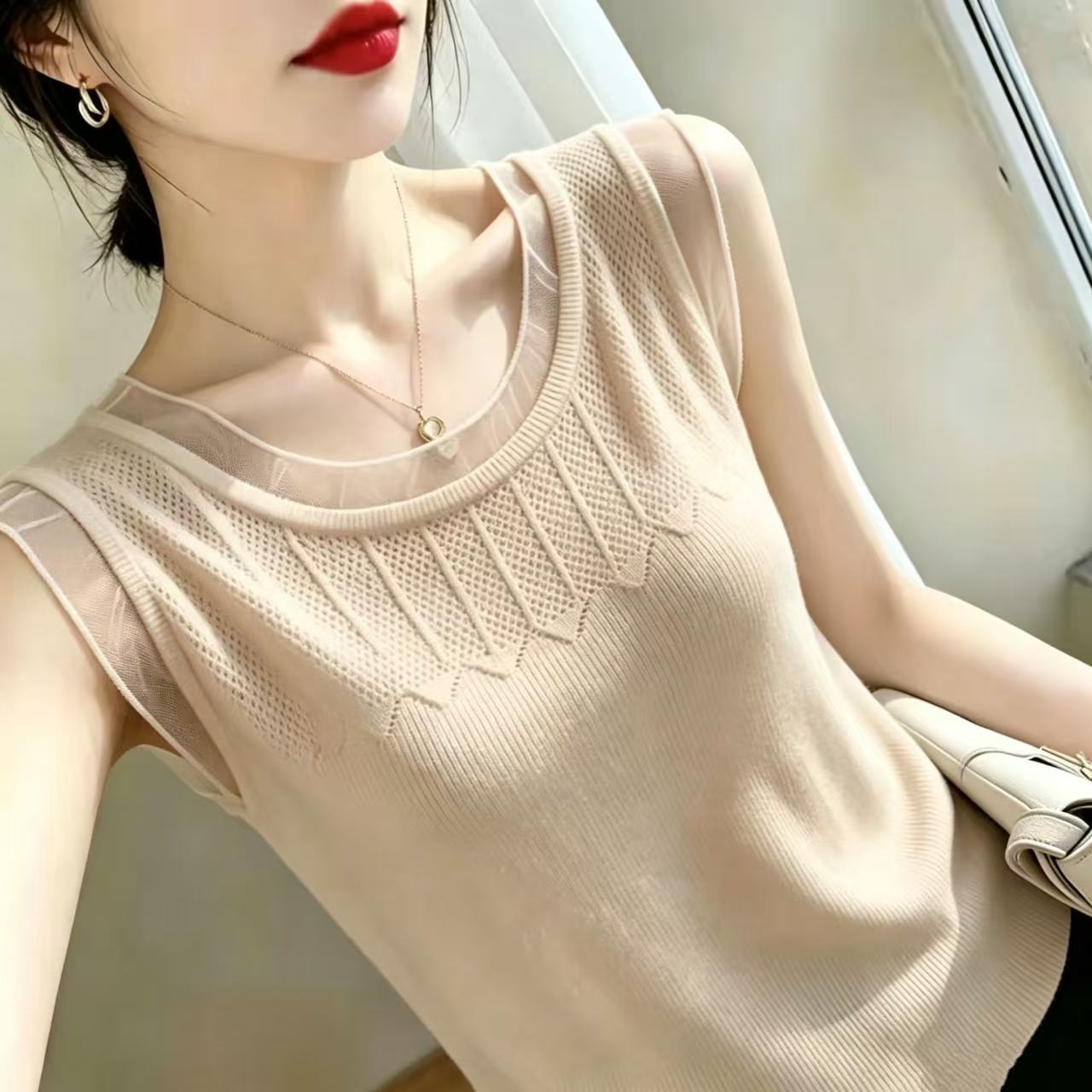春夏冰丝蕾丝针织背心女显瘦上衣