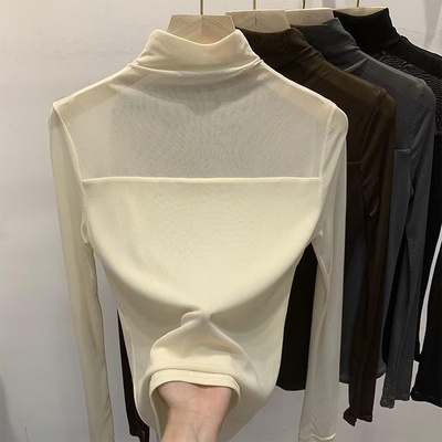 纯色半高领蕾丝打底衫女内搭2024秋冬新款网纱上衣时尚长袖T恤潮