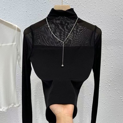 复古半高领蕾丝网纱打底秋冬2024新款时尚气质别致修身长袖上衣女