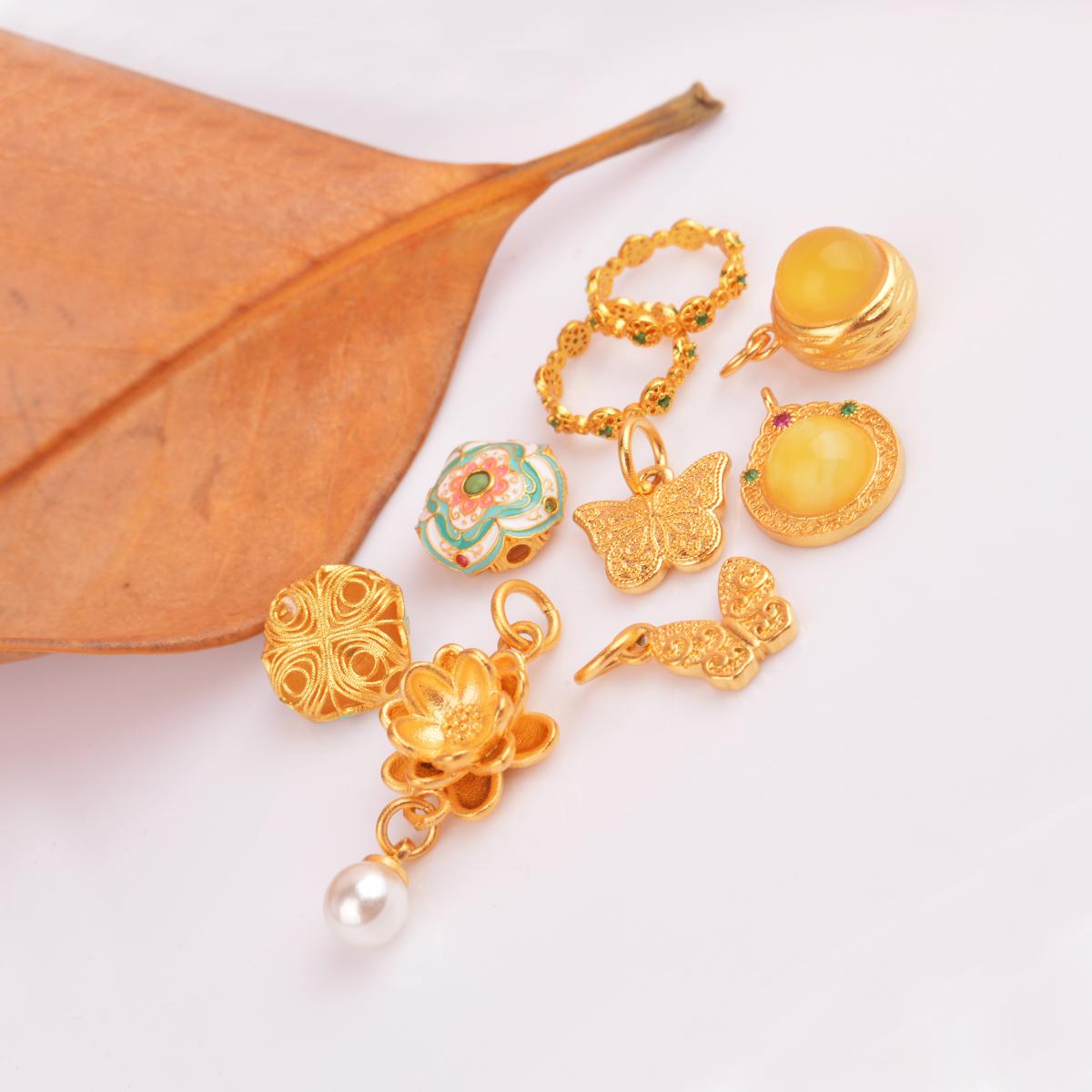 沙金复古吊坠镶嵌蜜蜡珍珠莲花烧蓝鎏金花珠小花跑环diy饰品配件