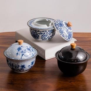 桌面摆件 复古青花瓷烟灰缸带盖防风防飞灰家用陶瓷烟灰个性