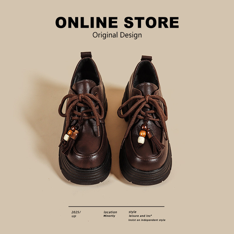 2026年新款厚底7CM增高乐福鞋女棕色粗跟英伦风小个子松糕小皮鞋