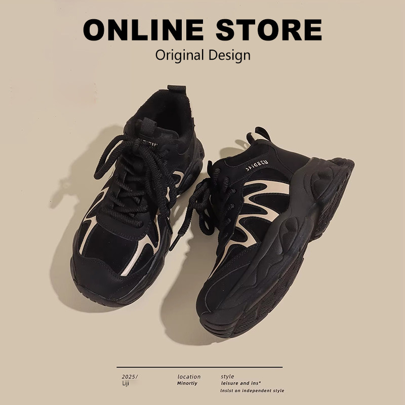 新款黑色老爹鞋女款2026春季百搭透气厚底运动休闲鞋时尚加绒棉鞋