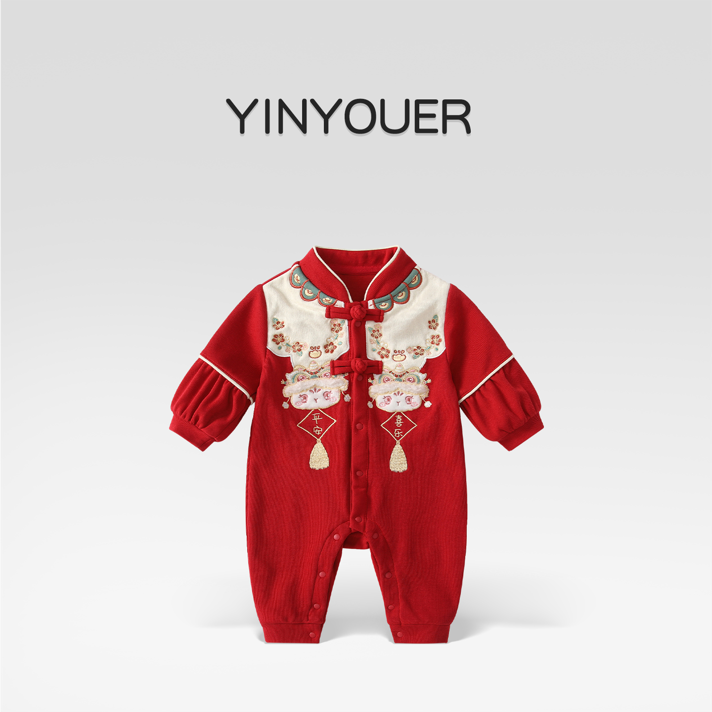 新中式婴儿春秋红色单排扣连体衣