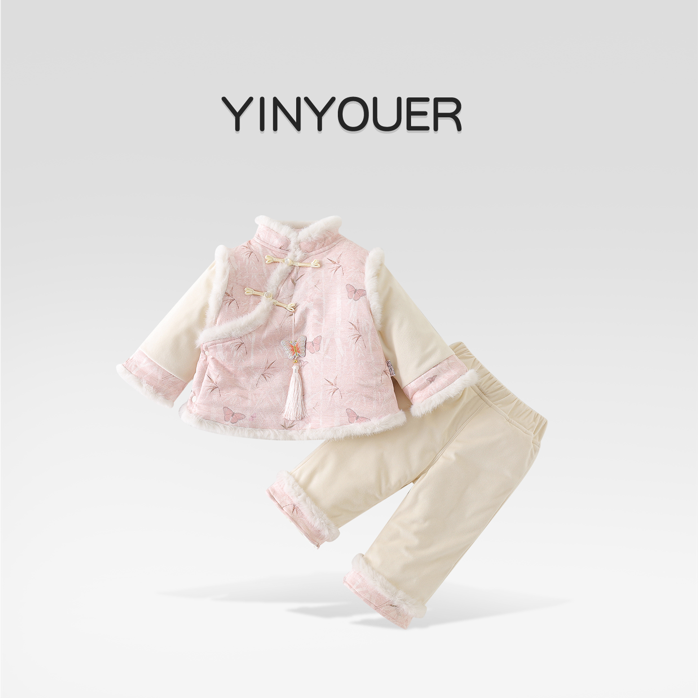 婴儿冬装夹棉套装女宝宝棉服中式加绒加厚两件套百天周岁过年衣服