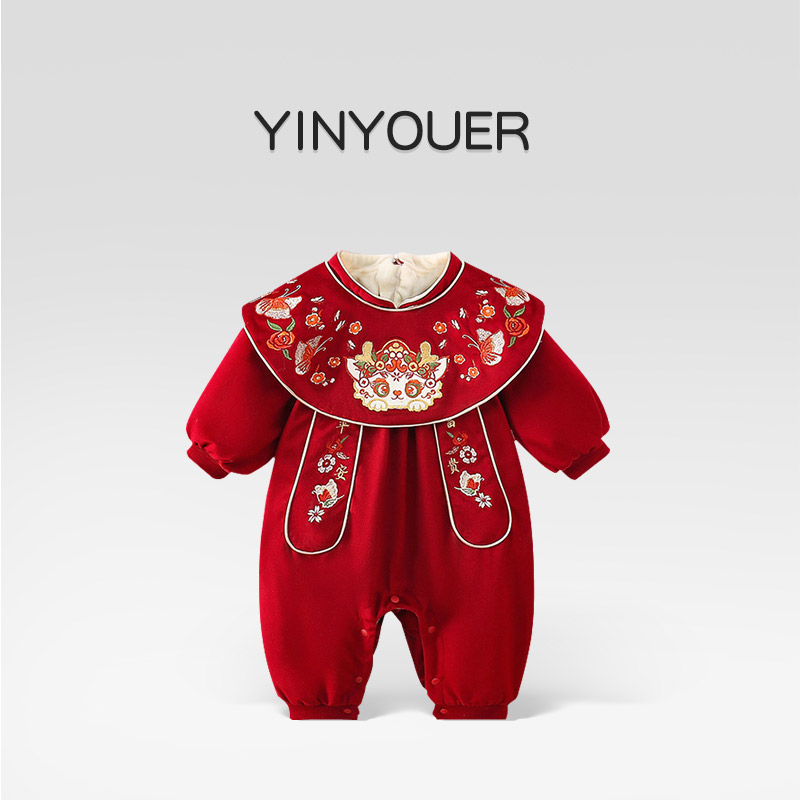 秋冬装婴儿百天中国风连体衣春秋