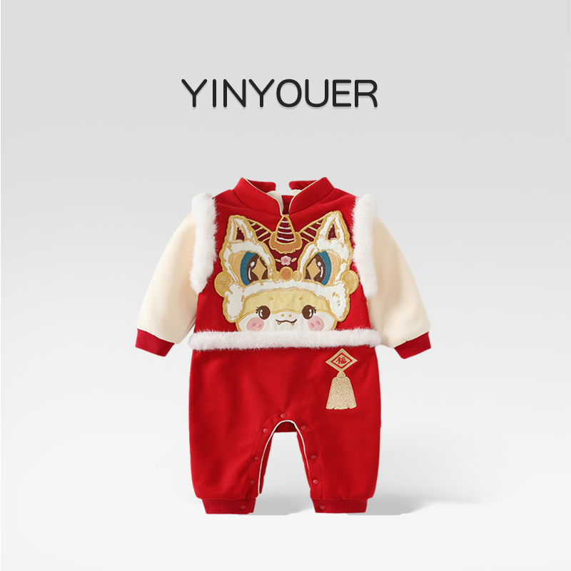 秋冬婴儿百天中国风连体衣拜年服