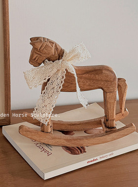 复古手工木雕摇摇马桌面摆件