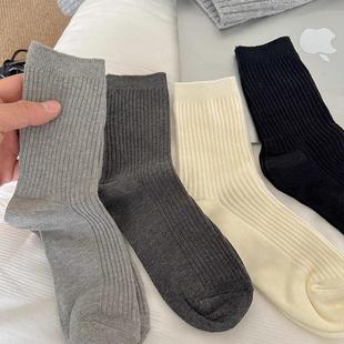 棉质吸汗女袜日系纯色袜子抽条无骨中筒堆堆袜灰色长筒袜 秋冬季