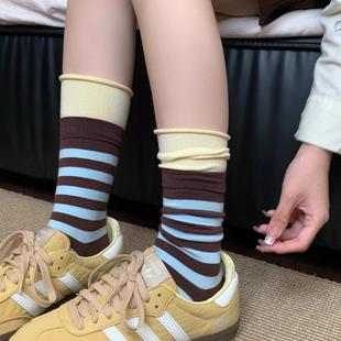 小众设计彩色条纹双层袜口ins日系叠穿撞色糖果色长筒堆堆袜秋冬