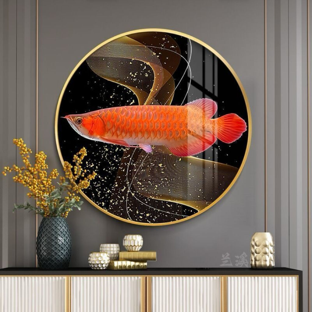 金龙鱼招财圆形餐厅装饰画玄关挂画北欧风格现代简约走廊过道壁画图片