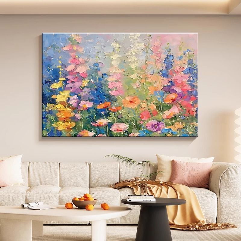 彩色花卉奶油风沙发背景墙装饰画大芬油画村2025新款壁画客厅挂画图片
