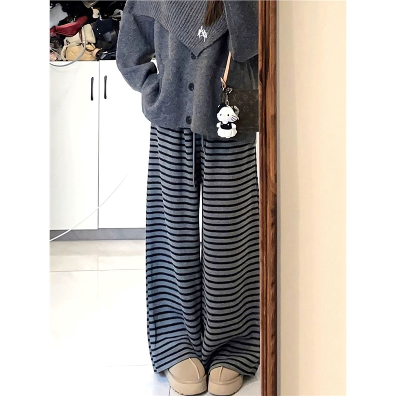 深灰色直筒条纹休闲裤女春季新款胖mm宽松大码显瘦软糯垂感阔腿裤