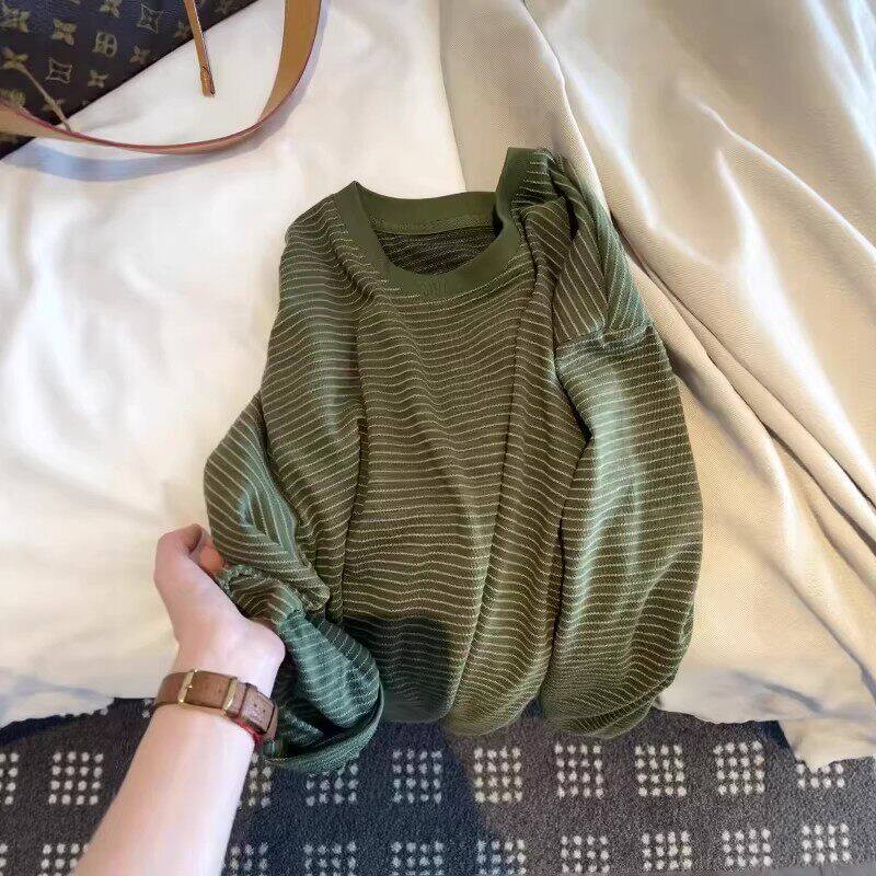 韩系复古条纹圆领长袖T恤女2026春季大码胖mm时尚宽松打底衫上衣