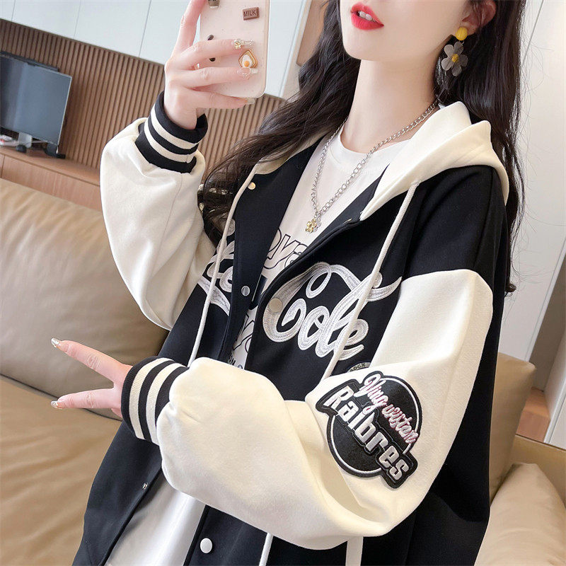 早春拼色棒球服外套女春秋薄款2025新款上衣宽松小个子开 衫厚棉T