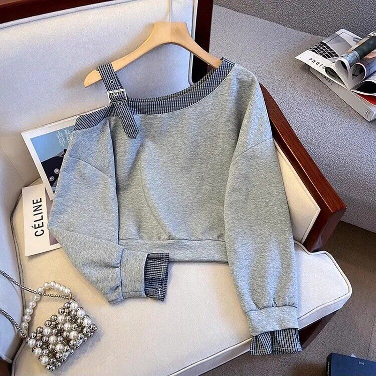 设计感斜领露肩卫衣长袖T恤女早秋2025新款小个子短款假两件上衣