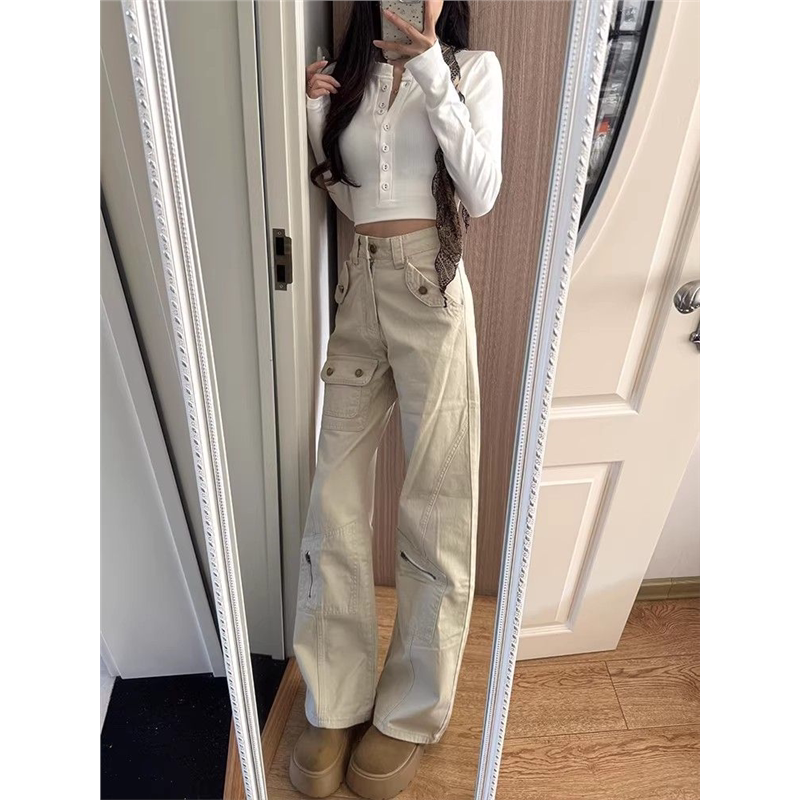 美式白色工装牛仔裤女2026春季新款加厚高腰显瘦不贴腿咖色微喇裤
