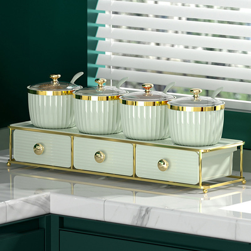 调料罐厨房家用组合套装盐罐佐料味精盒轻奢创意金边铁架调味盒子