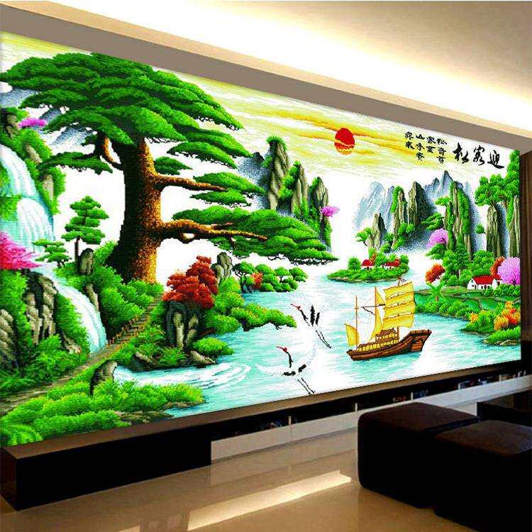 2025线绣新款精准印花十字绣迎客松财运版客厅风景山水画2米大幅