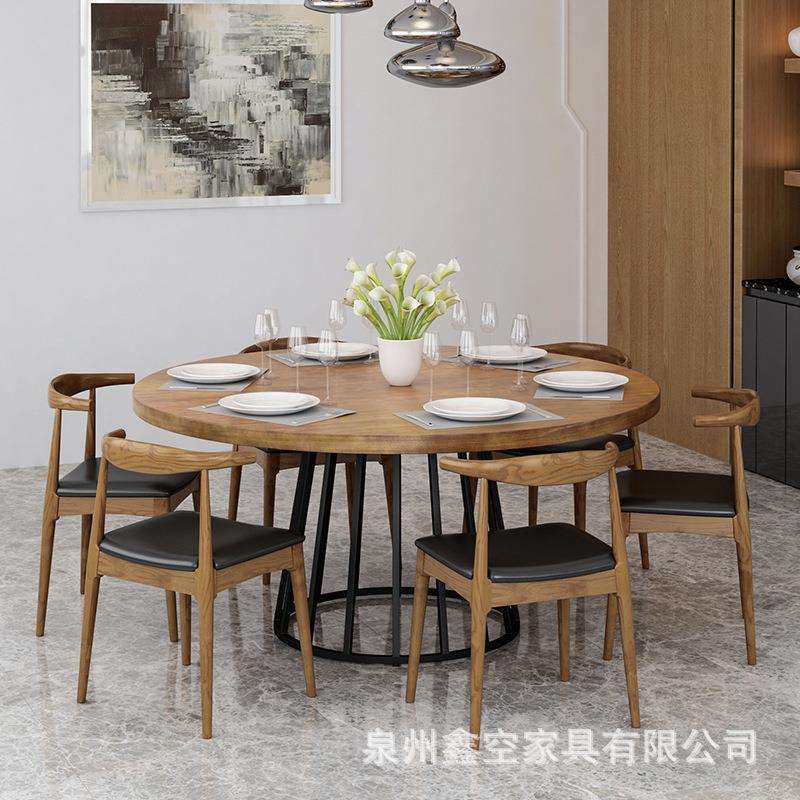 北欧家用接待圆形实木餐桌组合餐厅多人位实木圆桌子火锅店餐桌椅