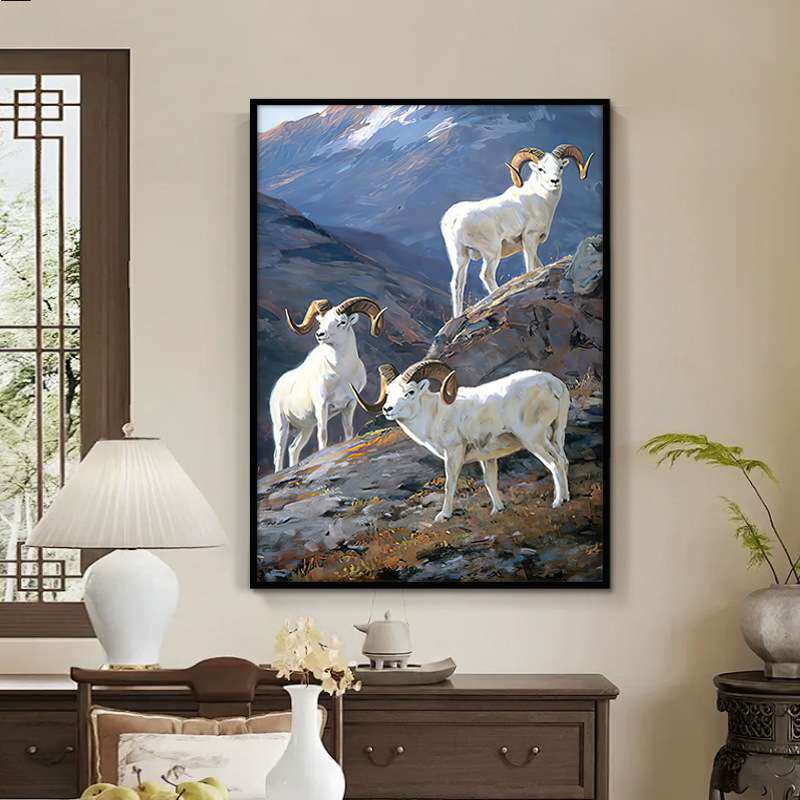 三阳开泰装饰画三羊开泰图入户玄关生肖羊挂画入户门正对墙壁画竖