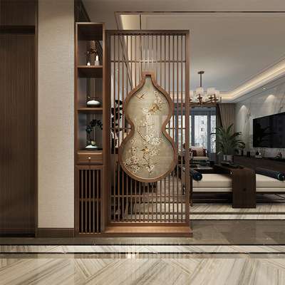 新中式实木屏风隔断客厅入户遮挡置物架玄关柜小型家用隔断屏风柜
