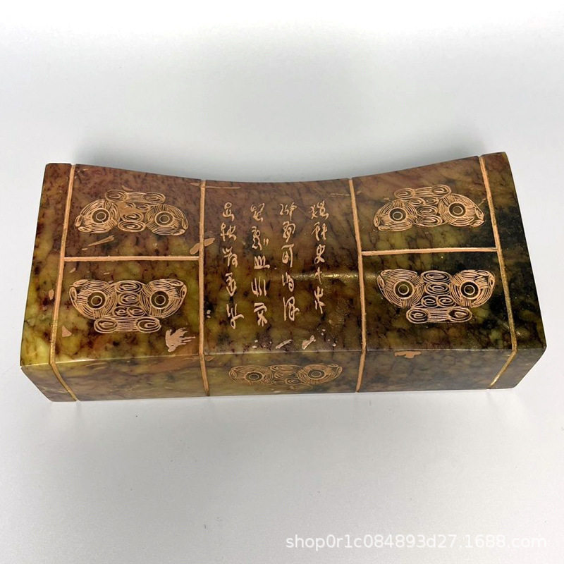 古玩古董仿古良渚文化老岫玉兽面纹玉枕摆件古董杂项老物件工艺品
