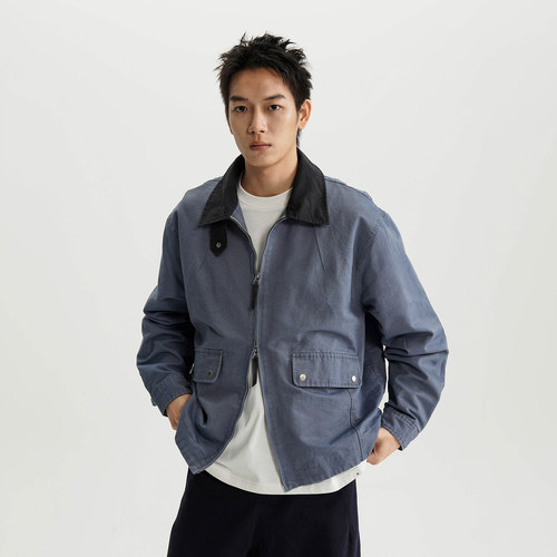 水洗做旧撞色翻领底特律夹克