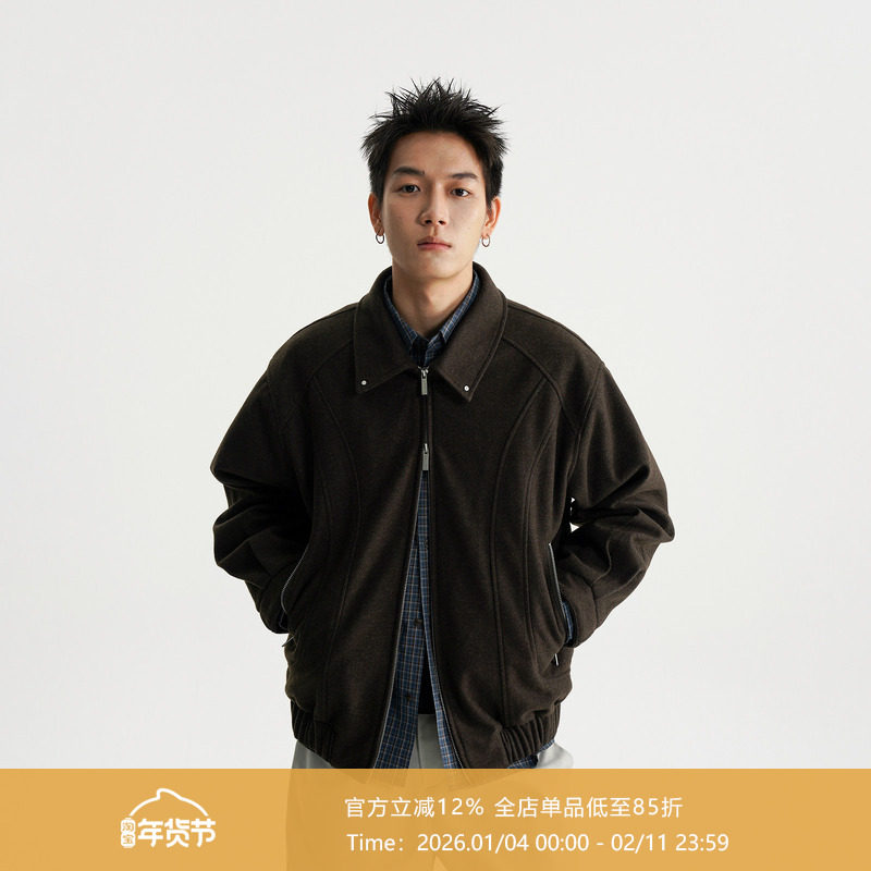 AWT25AW 撞钉点缀翻领分割毛呢夹克 简约百搭宽松拉链外套男女