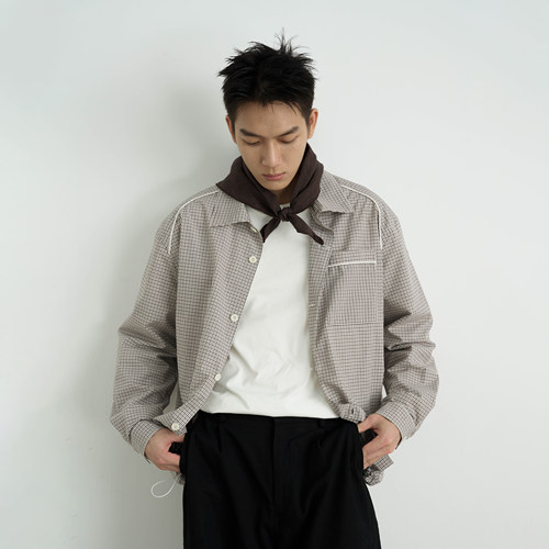 AWT25AW 细格纹撞色嵌条 简约轻复古休闲宽松抽绳长袖衬衫男女