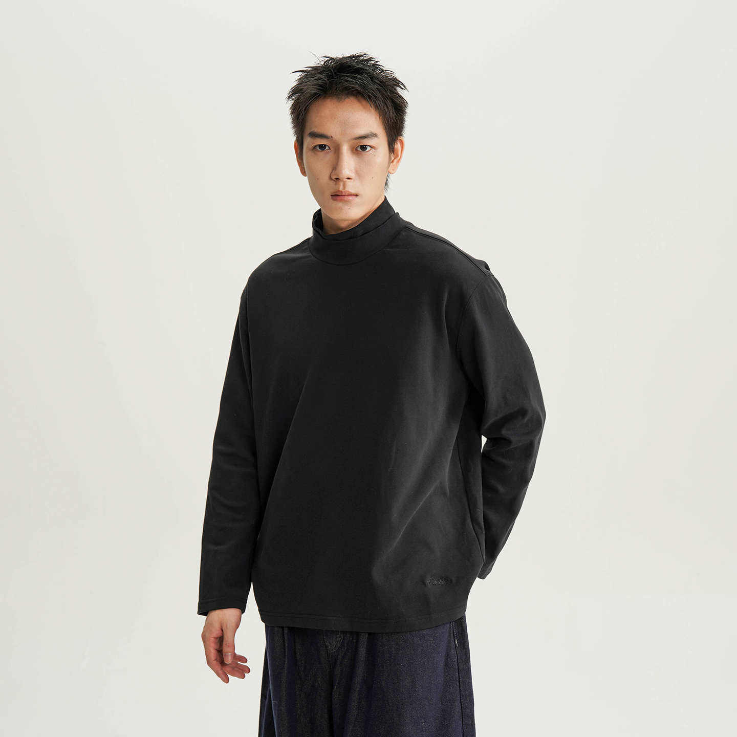 叠领设计素色高领打底长袖T恤