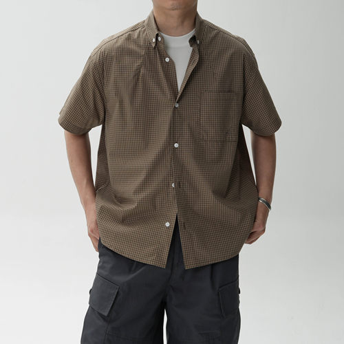 细格纹小尖领短袖宽松衬衫