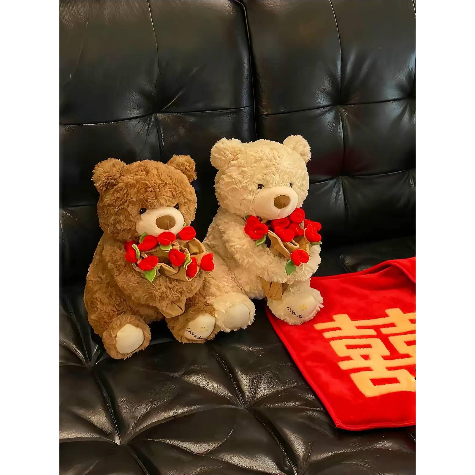 压床娃娃一对结婚抱玫瑰小熊新款高档毛绒玩偶可爱风婚庆公仔摆件