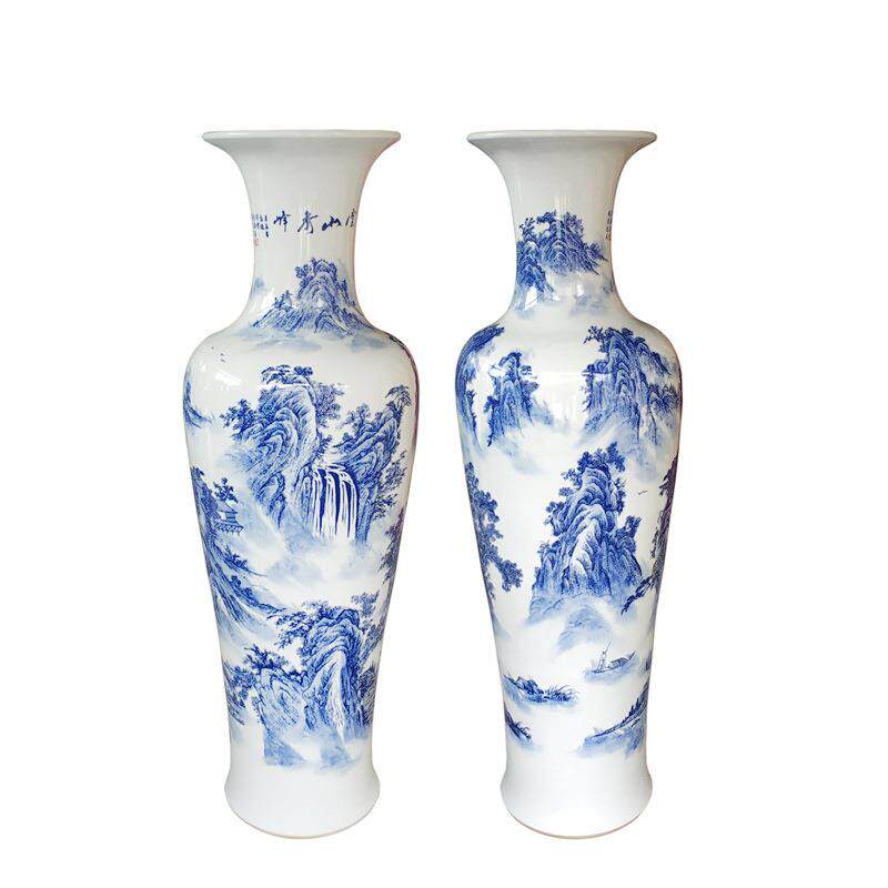 景德陶瓷大花瓶手店绘器青花山水鱼尾QVW瓶客厅镇酒装饰摆件开业