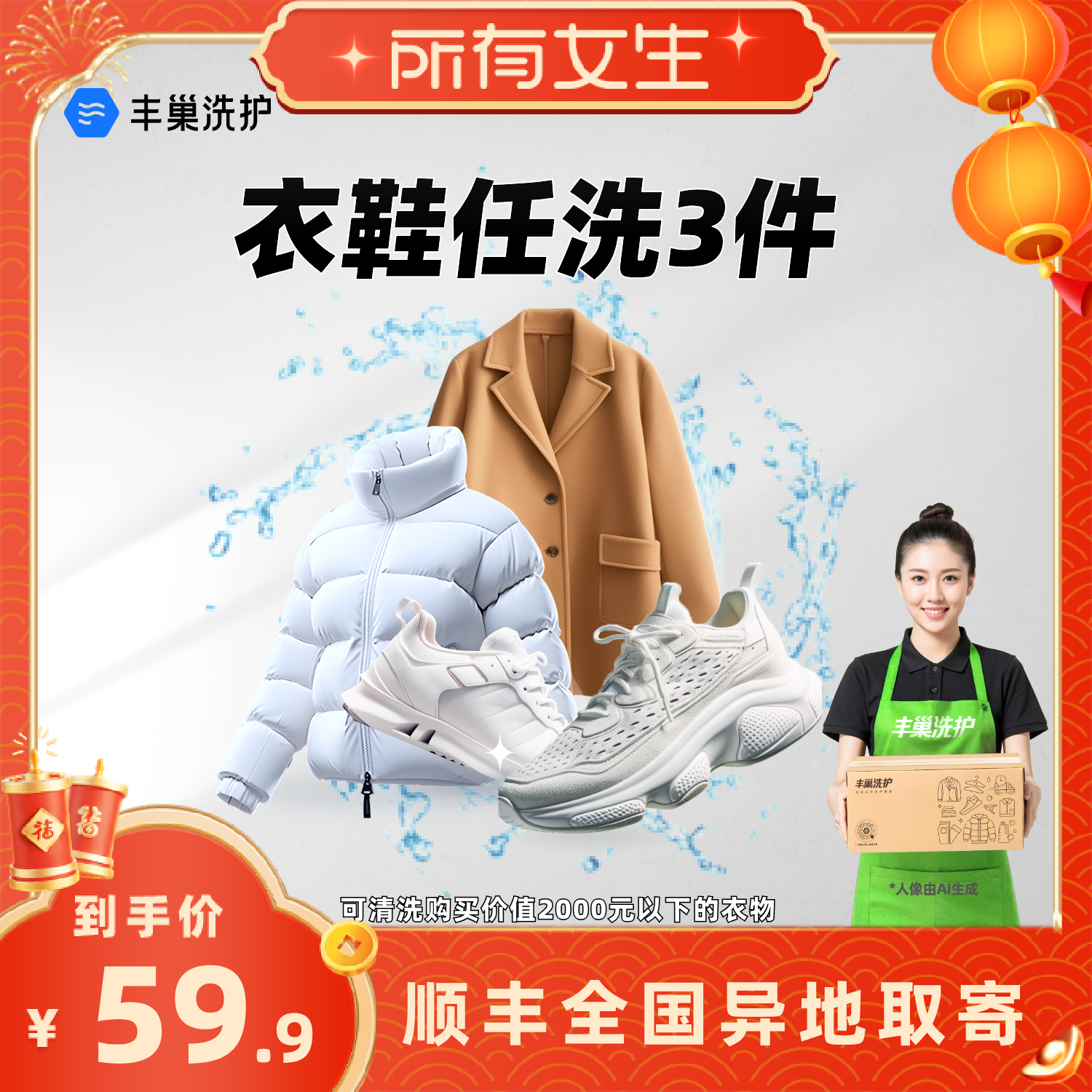 【所有女生直播间】丰巢洗护衣鞋任洗5件/3件上门取送包邮羽绒服,本地化生活服务,鞋靴清洗,淘宝优惠券,粉丝福利购,淘宝优惠卷