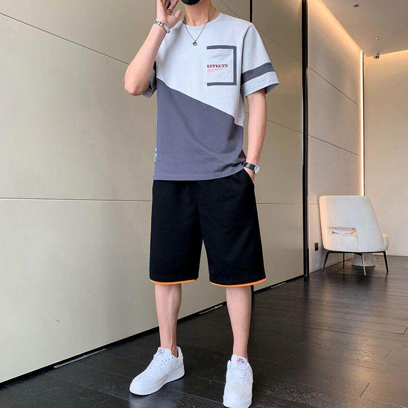 休闲运动套装男士夏季一整套短袖短裤男装一套搭配帅气纯棉t恤男