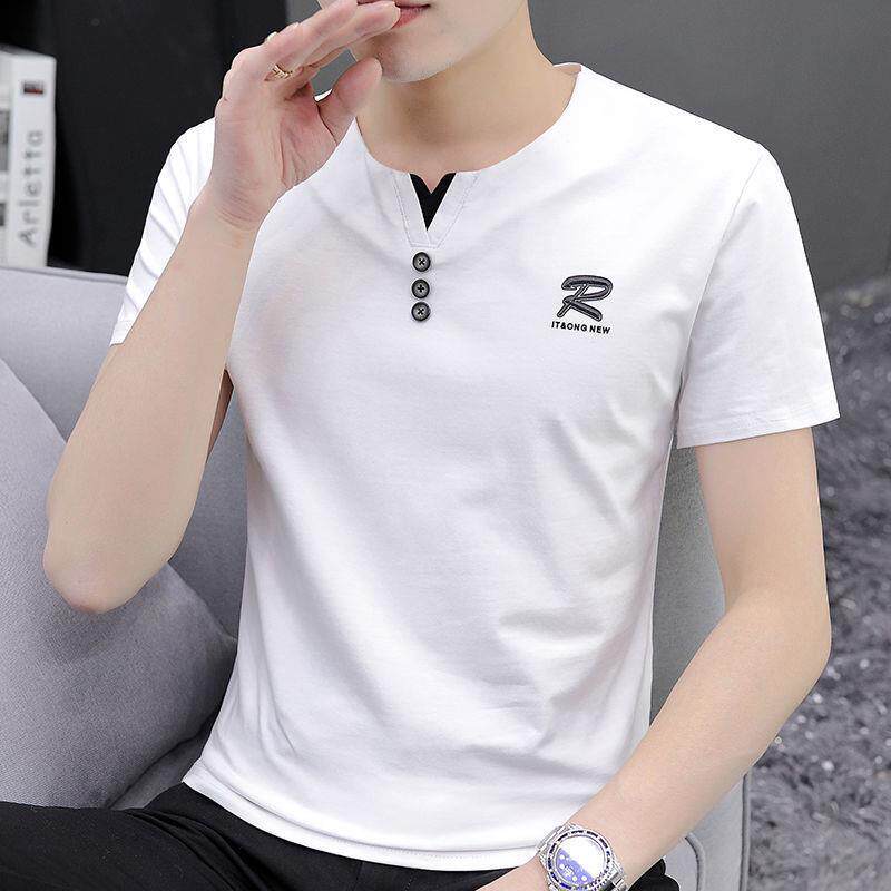 夏季新款V领青年短袖t恤男帅气修身纯棉半袖韩版潮流薄款冰感体恤