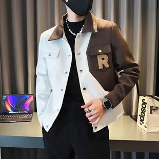 拼色设计高级感痞帅夹克外套男秋冬季翻领休闲百搭撞色男装上衣服