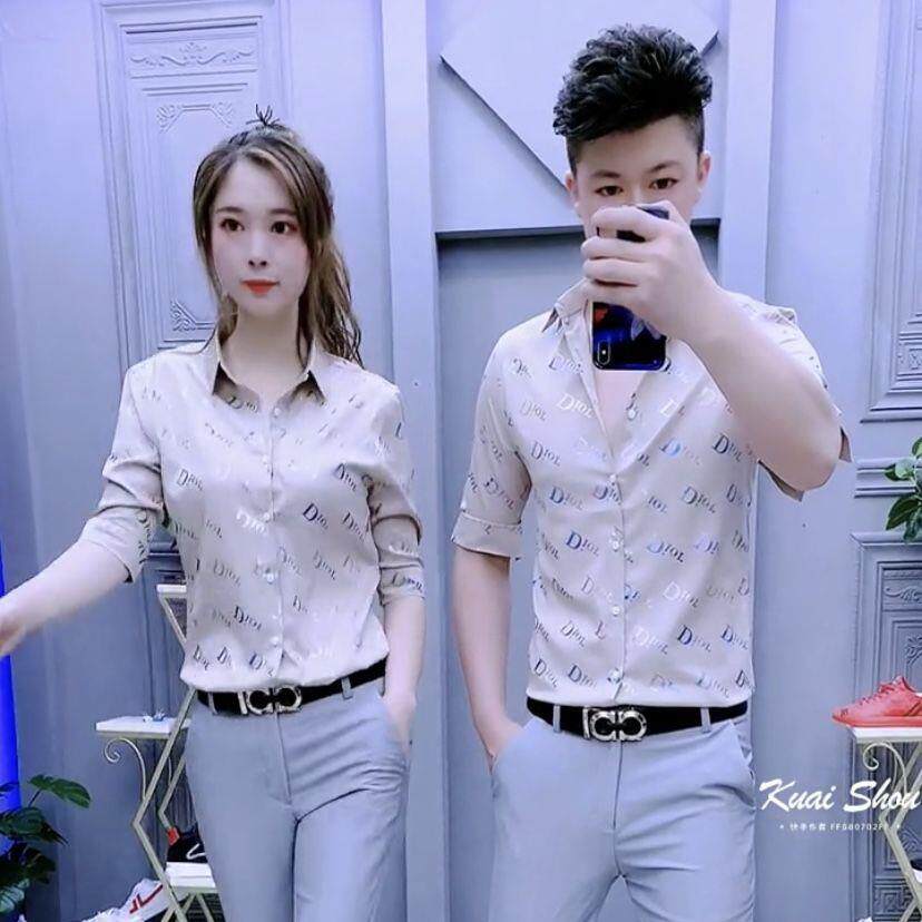两件套装衬衫情侣修身韩版字母印花休闲短袖衬衣夏季痞帅高级感男