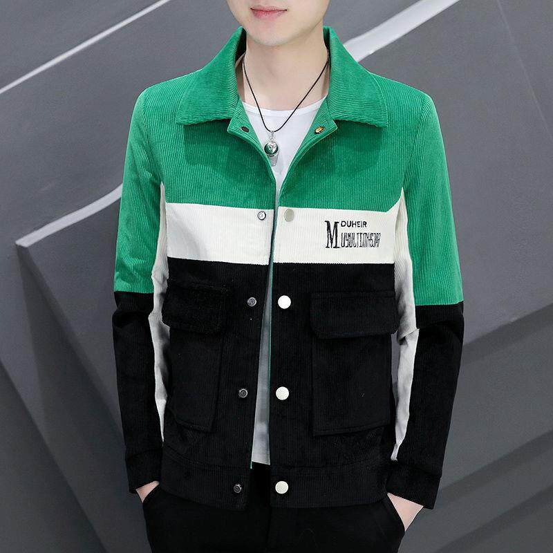 男士外套男春秋时尚灯芯绒学生夹克韩版修身青少年帅气印花外衣潮