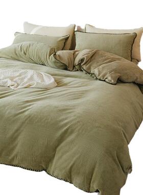 高感华夫格丨立体雕牛花奶级床上四件套冬季ali-410加厚珊瑚绒绒