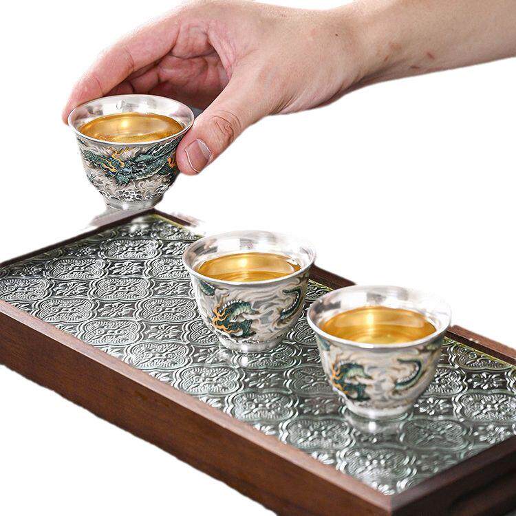 茶具礼品银Y-474质杯子银银上做画青龙茶生杯功夫茶杯茶盏陶真瓷