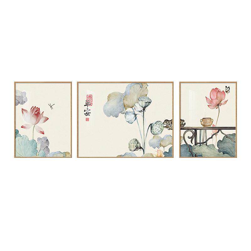 荷花荷韵新中式客厅装饰画平安祝福寓意沙发背景墙挂画国风三联画